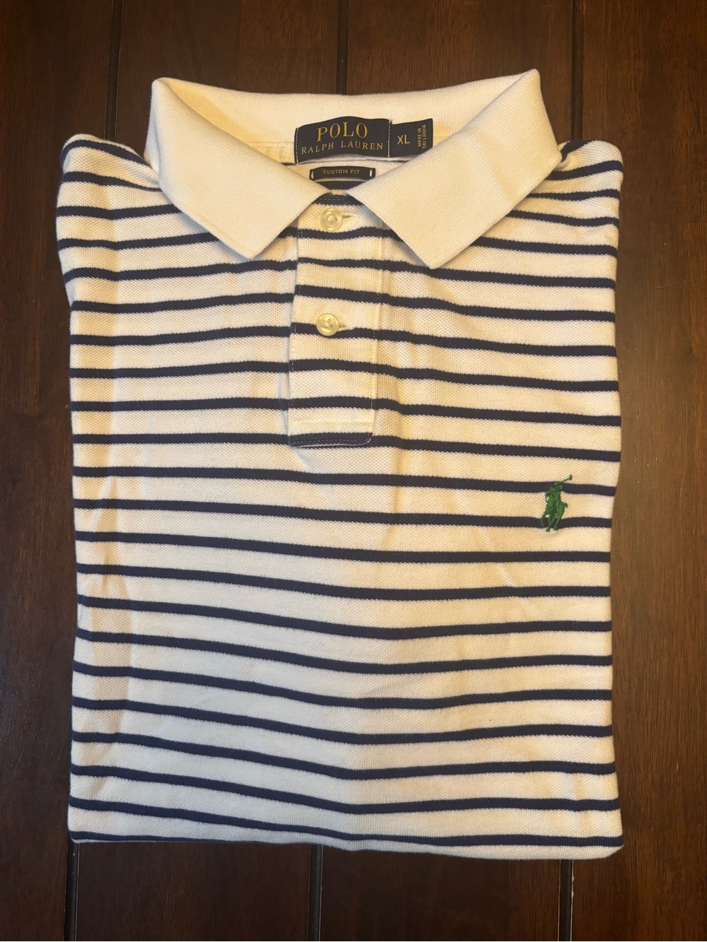 Polo Ralph Lauren Striped Polo Shirt Custom Fit White & Navy with Green Logo XL